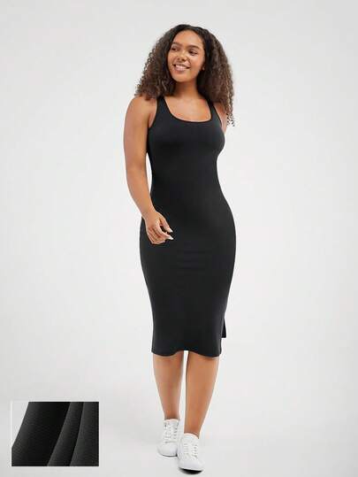 GLOWMODE SoftCalm Modal Ribbed Effortless Side Slit Midi Slip Dress Daily Casual Lounge Summer