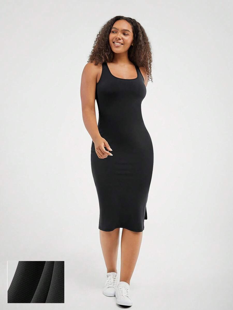 GLOWMODE SoftSerene Modal Ribbed Effortless Side Slit Midi Slip Dress Daily Casual Lounge Summer