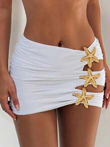 SHEIN 女士黑色紧身性感褶饰海星珠宝沙滩罩衫裙 - 白色 - 查看 2