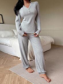 SHEIN Women's Casual Ribbed Brushed Notch Neck Button Detail Long Sleeve Top & Pants Loungewear Set, Fall Winter Clothes Grey Lounge Set Women Lounge Sets Two Pieces Lounge Set Sleep Wear Women 2 Pieces Set Long Sleeve Lounge Set, Cozy Outfits - Grey - View 5