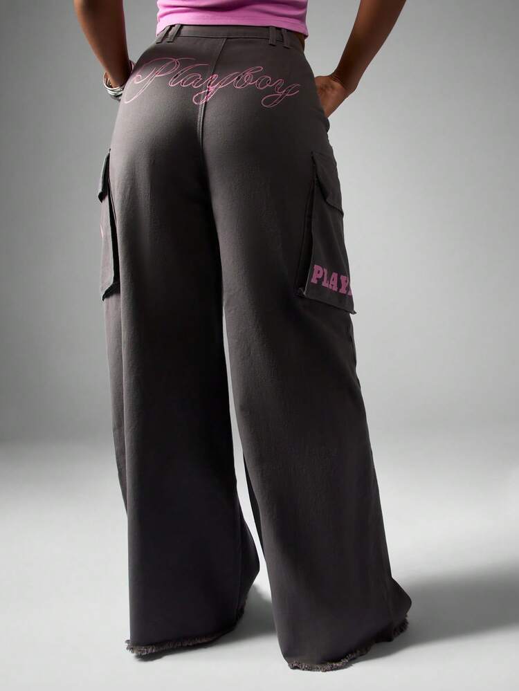 Missguided x Playboy Women Wide Leg Cargo Pants Streetwear Distressed Hem Utility Style Bottoms Pink Script Design Fall Winter Fashion Casual Trousers