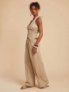Travachic Completo casual da donna composto da top con collo alla coreana e pantaloni plissettati, monocolore, due pezzi - Cachi - Visualizzare 7