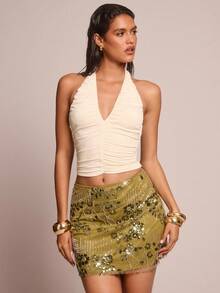 Glamine Beige Color Halter Neck Backless Ruched Top,Going Out Top,Date Night,Basic Top,Women Club,Streetwear