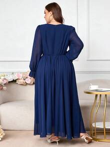 Modelyn Plus Size Solid Color Square Neck Fashion Tie-Waist Pleated Dress - Navy Blue - View 3