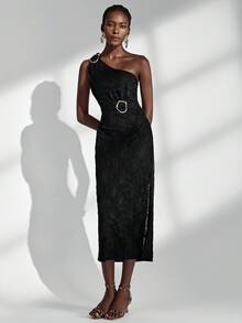 Almamuse Black Textured Vintage Elegant One Shoulder Dress, Metal Asymmetric Decor Button, Fitted Slit Cut, Women Long Dress