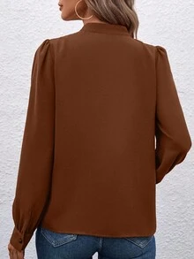 SHEIN Clasi 女士纯色前扣优雅办公室长袖衬衫 - 咖啡棕 - 查看 2
