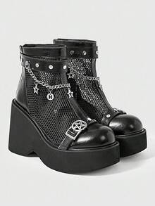 Sugerpunk Women's Fashion Thick-Soled Wedge Heel Ankle Boots, Gothic Star Metal Chain Double Strap Buckle Back Zipper, Black Punk Style Thick-Soled Wedge Heel Ankle Boots - Black - View 13