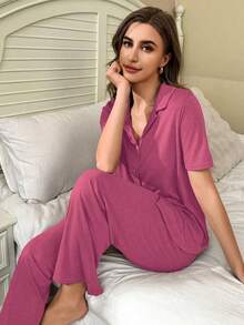 SHEIN Soft & Skin-Friendly Cardigan Button Closure Unisex Casual Pajama Set Button Up Pajama Set Comfy Pajama Set Women Lounge Wear Sets - Hot Pink - View 5
