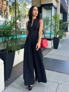 Carolina Barros 超宽腿拉链前无袖连体裤 - 黑色 - 查看 6