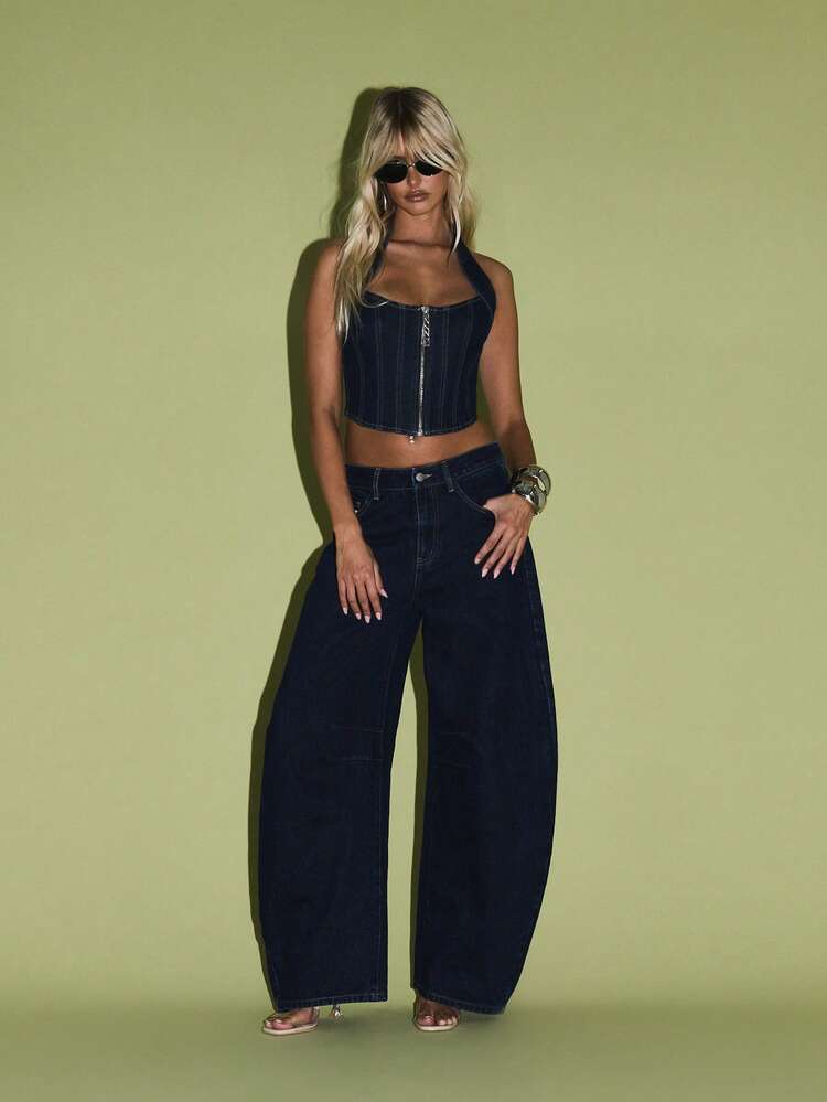 KIZN Fitted Denim Halter Corset With Front Zipper