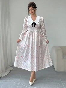 Elenzga Vestido de satén con estampado texturizado de talla grande, vestido con cuello de contraste de manga larga y puño de camisa, vestido elegante y ajustado de línea A para el té de la tarde que estiliza la cintura - Multicolor - Ver 6