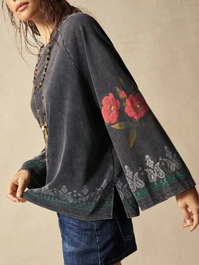 Bohemela Women's Retro Style Casual Solid Color Knit Crew Neck Loose Washed Print Sweatshirt In Fall/Winter