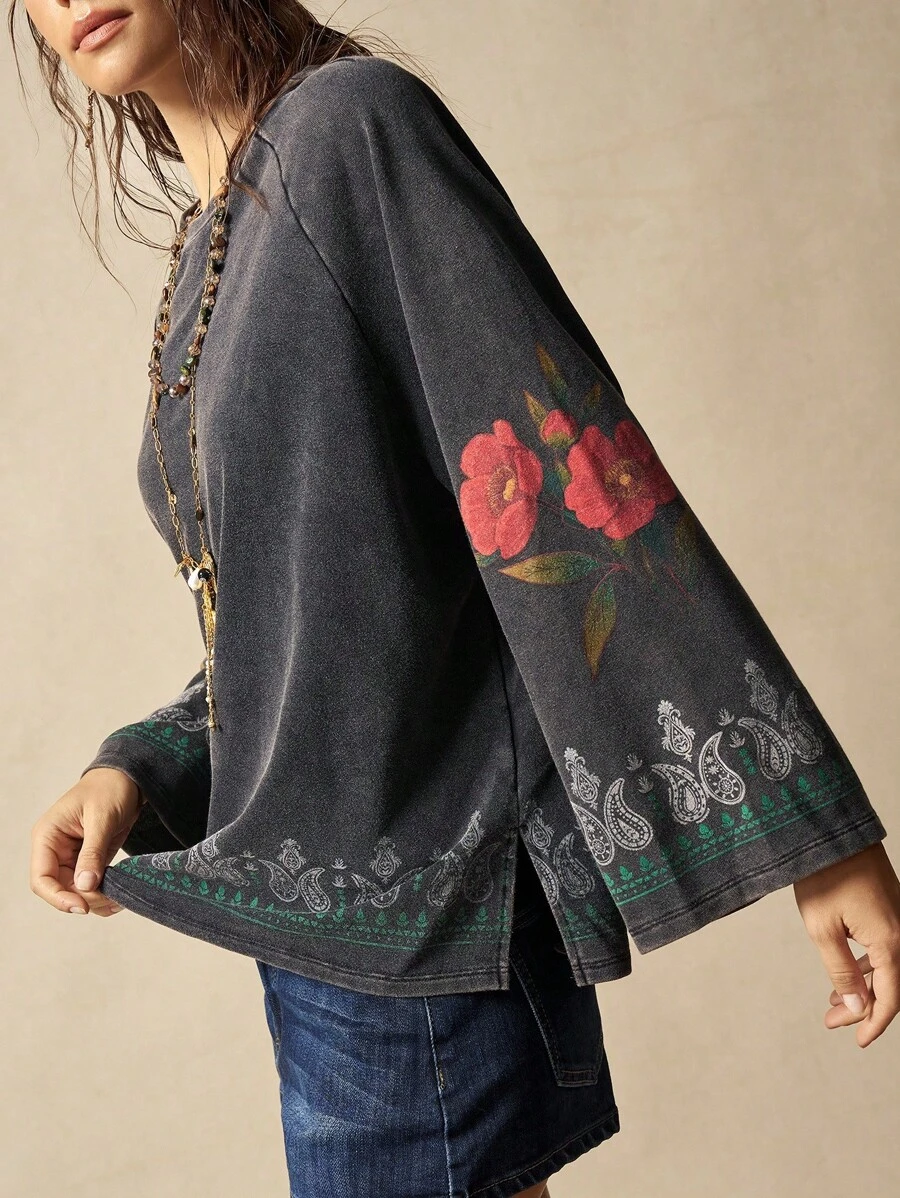 Bohemela Áo nỉ dệt kim cổ tròn màu trơn phong cách retro thường ngày dành cho nữ vào mùa thu/đông - màu đen - Xem 1