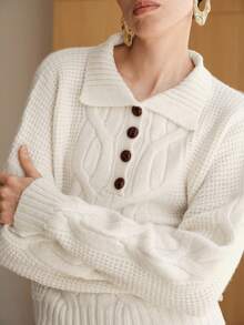 Uhlyne Uhlyne Women's Minimalist Casual Daily Commute Versatile Solid Apricot Pullover Sweater, Elegant Drop Shoulder Long Sleeve Button Collar Loose Wool Knit Top, Autumn/Winter - Apricot - View 2
