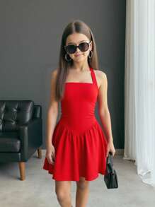 Firerie Kids Firerie Kids Tween Girls Casual Elegant Red Knit Spaghetti Strap Snug Fit Fit-And-Flare Mini Dress, Suitable For Valentine's Day, Halloween, Party, Everyday, Back To School Outfit Red Dress For Tween Girls Halter Neck Red Dress Red Skater Dress Sleeveless Red Dress Party Dress For Tween Girls