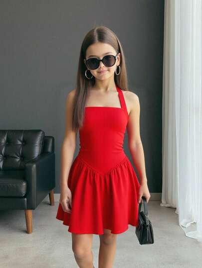 Firerie Kids Firerie Kids Tween Girls Casual Elegant Red Knit Spaghetti Strap Snug Fit Fit-And-Flare Mini Dress, Suitable For Valentine's Day, Halloween, Party, Everyday, Back To School Outfit Red Dress For Tween Girls Halter Neck Red Dress Red Skater Dress Sleeveless Red Dress Party Dress For Tween Girls