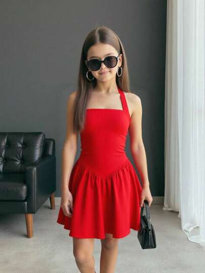 Firerie Kids Firerie Kids 青少年女孩休闲优雅红色针织细肩带紧身喇叭迷你连衣裙，适合情人节、万圣节、派对、日常、返校装