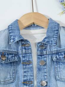 Girls' Street Chic Fashionable Metal Buckle, Symmetrical Pocket Classic Denim Blue Washed Casual Minimalist All-Season All-Match Versatile Collegiate Style Denim Jacket Fall Winter