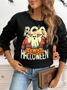 SHEIN LUNE Lässiges, minimalistisches Sweatshirt für Damen mit lockerem Schnitt und Totenkopf-, Kürbis-, Geister- und Kobold-Motiv, Rundhalsausschnitt, Herbst/Winter