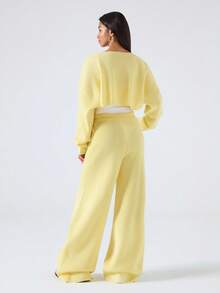 LYSMO 女士休闲纯色前开开衫和裤子两件套，秋冬 - 黃色 - 查看 2