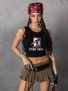 STAR TREK X SHEIN Camiseta sin mangas casual y cómoda de verano para mujer, color negro, con gráfico de cohete y letras en inglés