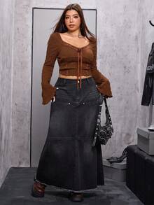 SHEIN EZwear Váy ngắn denim đen không co giãn phong cách đường phố cá tính dành cho nữ cỡ lớn - màu đen - Xem 5