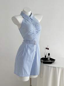 SHEIN Unity 1pc Women's Casual Sleeveless Striped Jumpsuit With Lapel Collar And Waist Cinching, Suitable For Spring/Summer - Blue - View 3