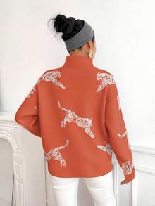 SHEIN Clasi Women's Casual Leopard Print Dropped Shoulder Long Sleeve Loose Knit Sweater, Autumn Fall Winter Cloth For Women