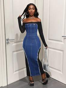 SHEIN BamGlam Robe en jean fendue à franges en maille noire élastique sexy pour femmes - Jean bleu - Voir 3