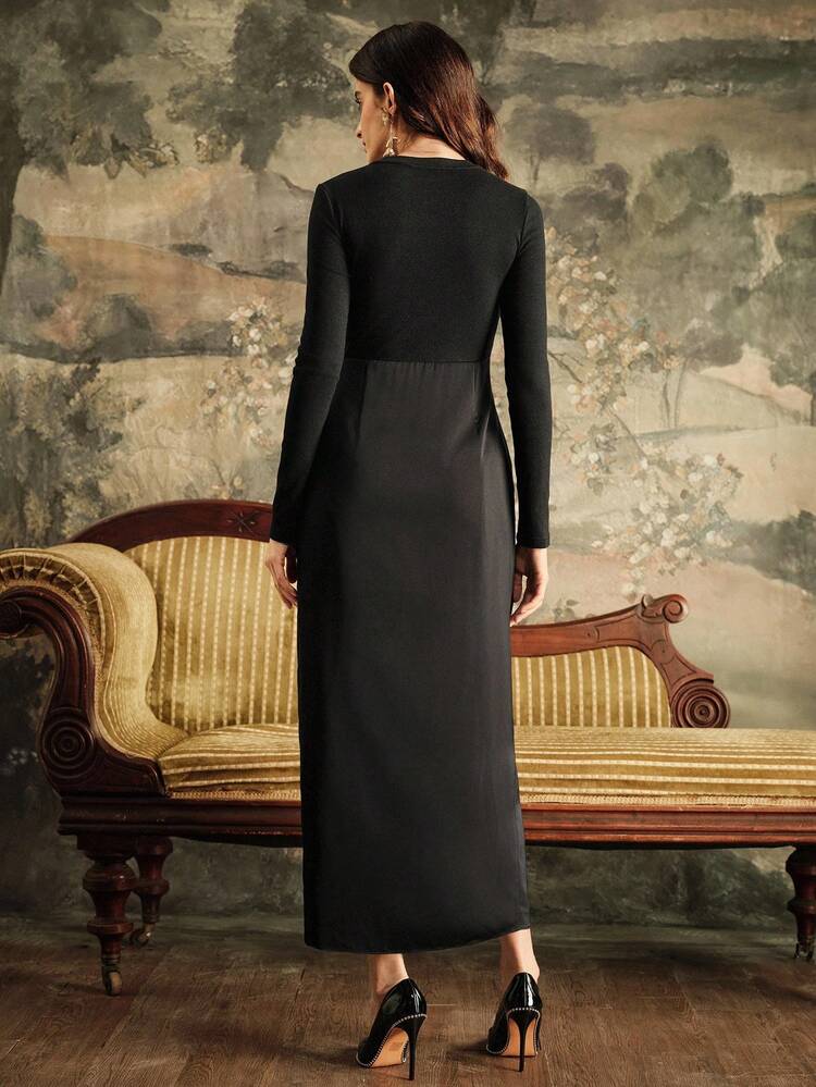 Pleated Metallic Floral Decor Fitted Mid-Length Dress, Suitable For Fall/Winter, Christmas, New Year, Party, Elegant, Luxury, Formal, Chic