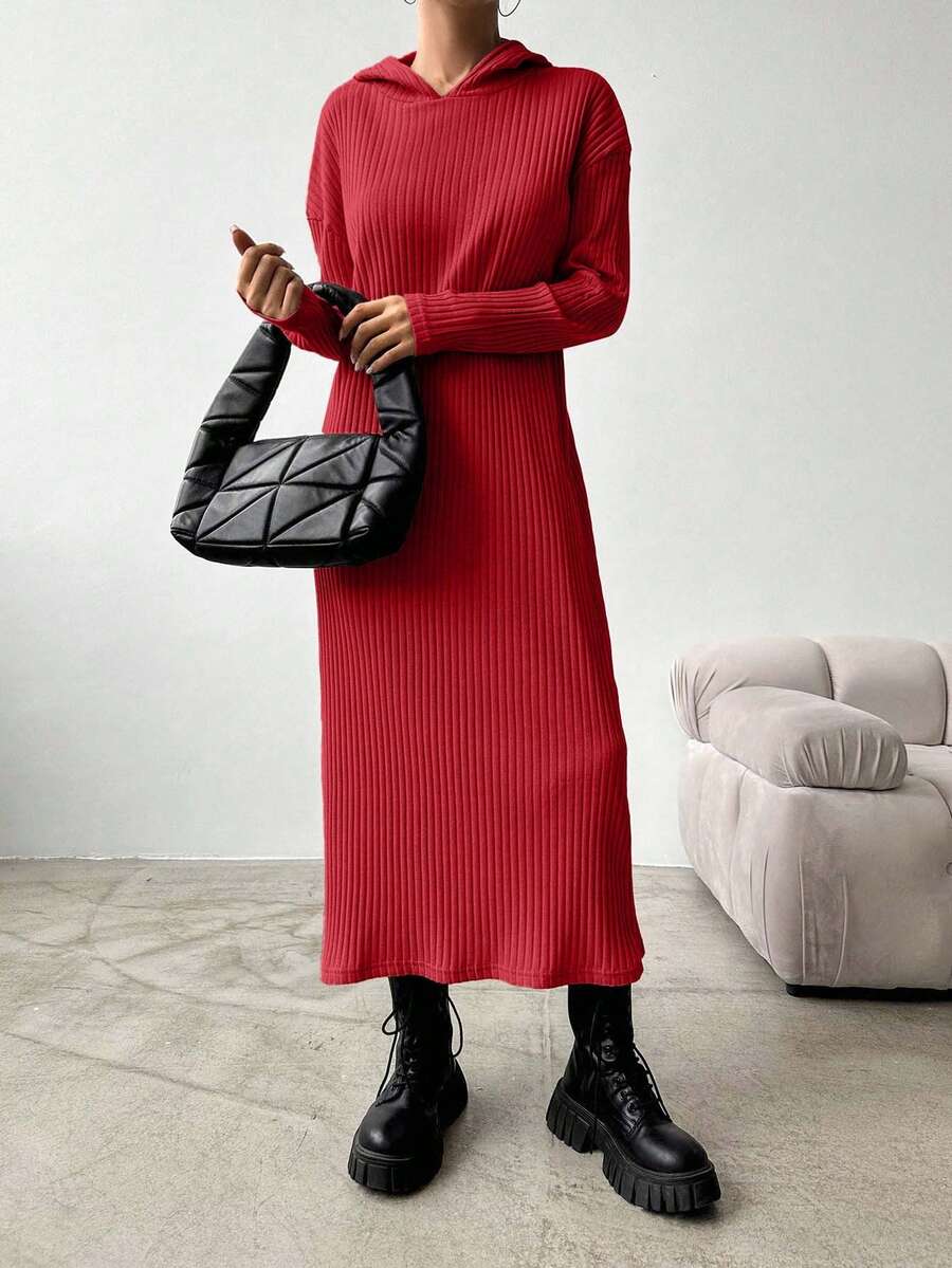 EURMUSE Women's Solid Color Drop Shoulder Long Sleeve Ribbed Casual Hooded Maxi Dress - Merah - View 1