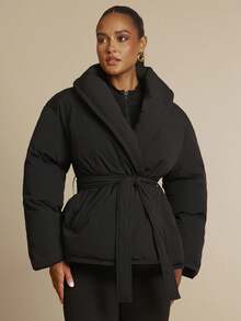 Silquee 女士纯色交叉裹身保暖棉服，冬季时尚女士冬季外套 - 黑色 - 查看 4