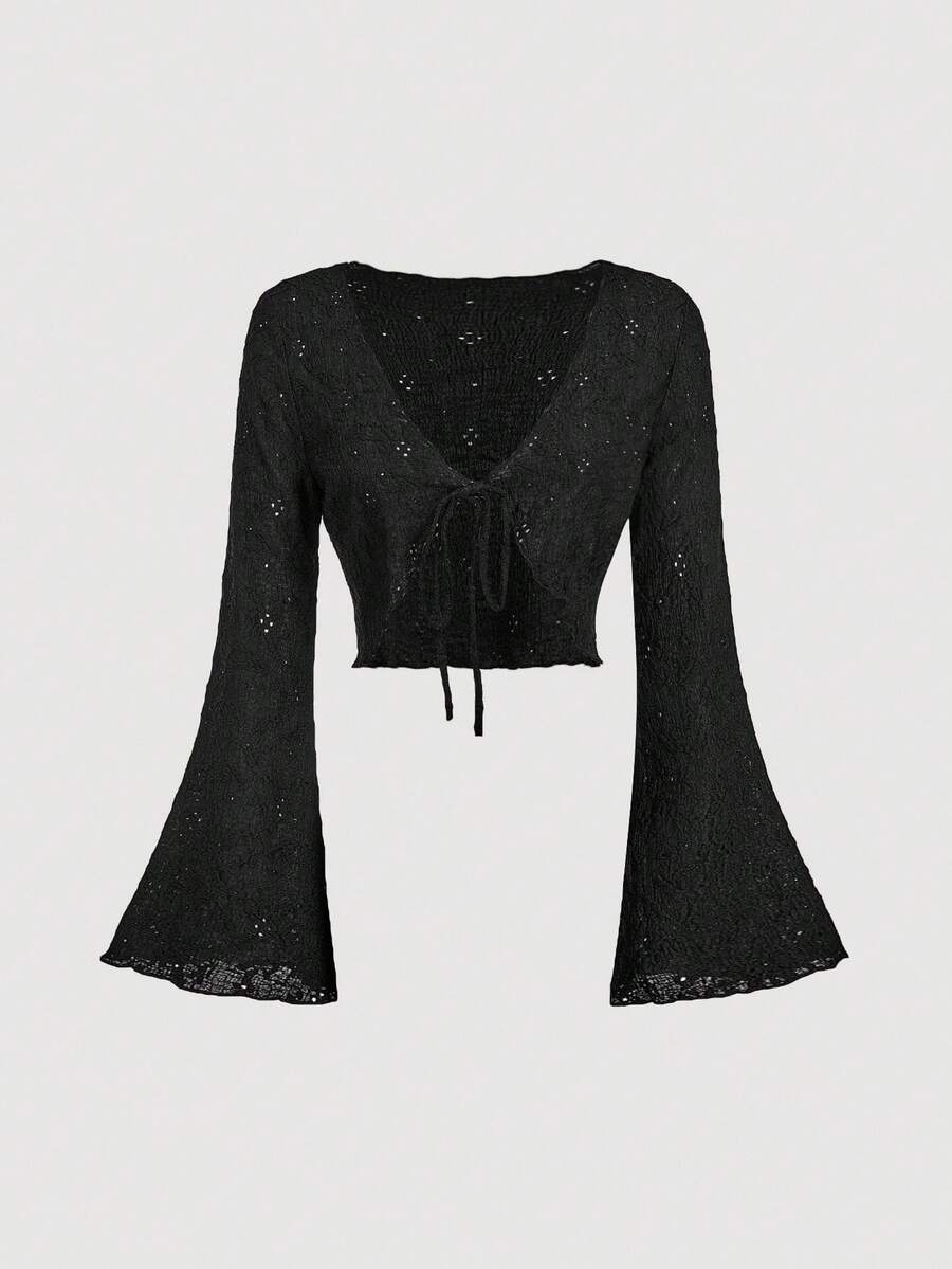 SHEIN MOD Áo khoác cardigan buộc dây cổ chữ V tay chuông ngắn retro dành cho nữ màu đen - màu đen - Xem 1