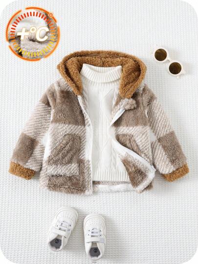 SHEIN Chaqueta con capucha de manga larga a cuadros, forrada térmicamente, de grosor medio, para bebé niño en otoño/invierno, ropa de invierno para bebé, chaqueta para recién nacido niño, abrigo de bebé niño, chaqueta de oso bebé
