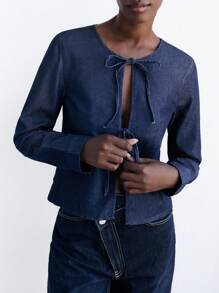 Maija Women's Dark Blue Denim Top Casual Knotted Denim Long-Sleeved Shirt, Autumn Vintage Shirt Going Out Tops