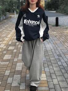 FRIFUL 女式海军蓝 V 领撞色字母印花插肩袖抽绳下摆宽松休闲百搭衬衫，秋季长袖上衣