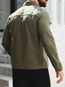Manfinity Homme Military Green Fitted Washed Denim Jacket With Large Pockets, Casual For Spring/Summer Men Zip Up Shirt Y2K Acid Washed For Slim-Fit - Army Green - View 2