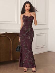 EastFlair Váy đuôi cá hở lưng họa tiết hoa thanh lịch dành cho nữ, mùa hè - Màu tím - Xem 7