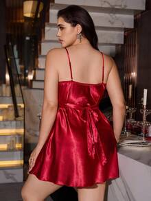 SilkySpell 性感蕾丝酒红色加大码女式裹身系带仿丝吊带睡袍