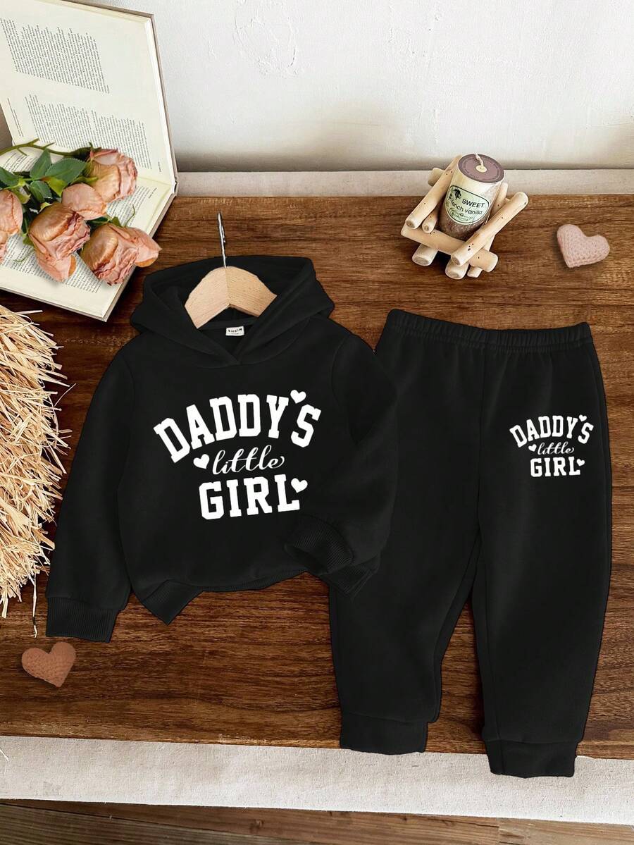 SHEIN 爸爸的小女孩❤女婴针织柔软连帽休闲宽松长袖运动衫和裤子两件套 - 黑色 - 查看 1