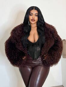 Maweii Plus Size Women Fluffy Curly Faux Fur French Elegant V-Neck Short Loose Burgundy Winter Jacket - Burgundy - View 3