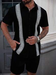 Manfinity Homme Camisa casual de hombre con ribete de encaje de color contrastante, verano - Negro - Ver 5