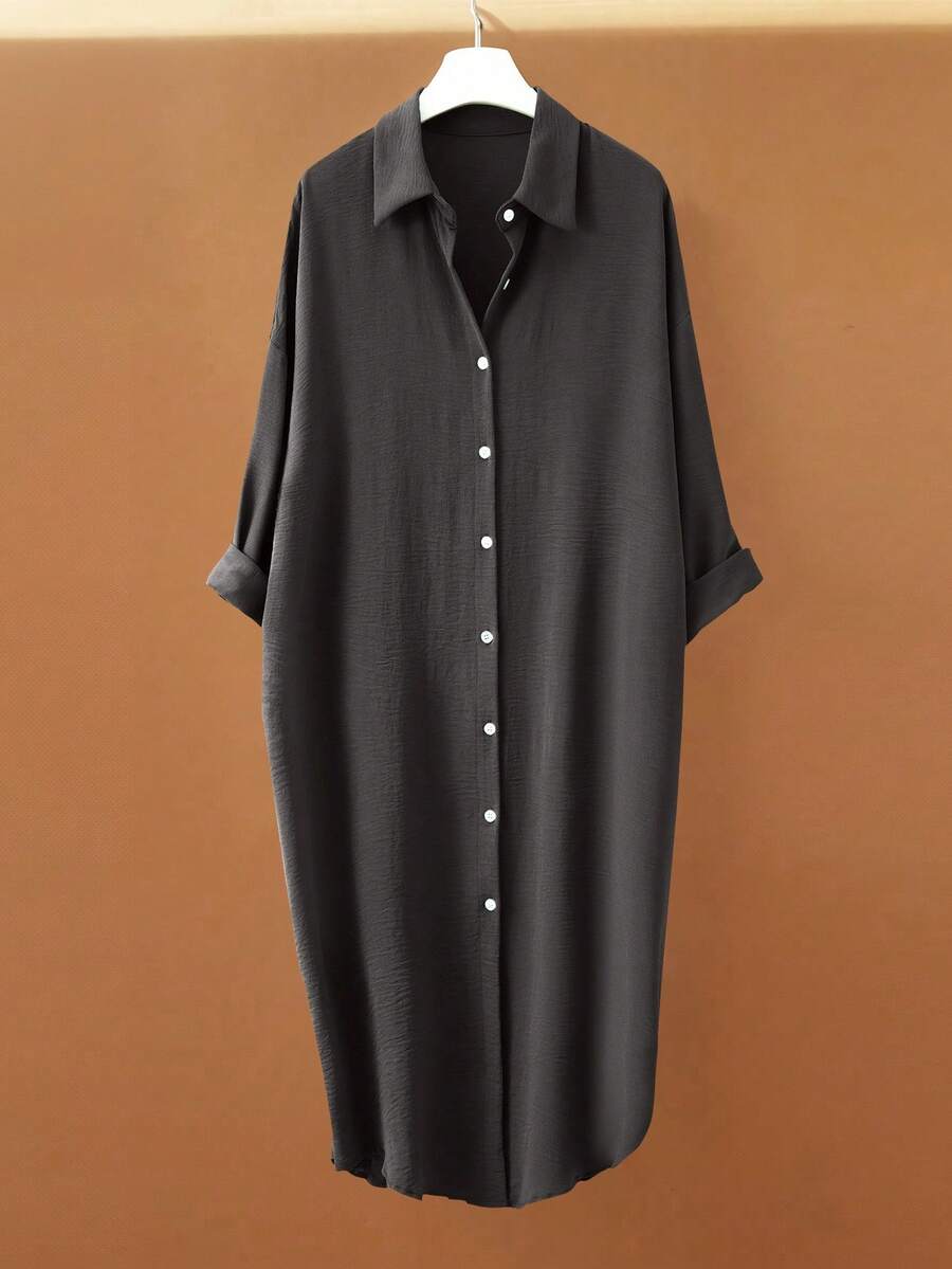 Omancia Pleated Long Button Down Oversized Women Shirt - Dark Grey - View 1