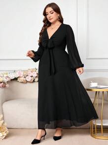 Modelyn Plus Size Solid Color Lantern Sleeve Sheer V-Neck Bow Decor Fashion Dress - Black - View 5