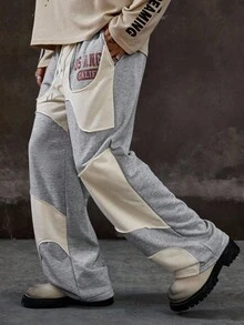 ROMWE MEN Prep Men's Casual Contrast Color Patchwork Letter Print Sweatpants - Multicolor - View 5