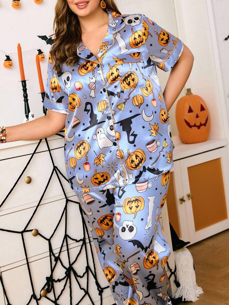Chillnights Plus Size Halloween Skeleton & Pumpkin Pattern Satin Pajama Set - Multicolor - View 1