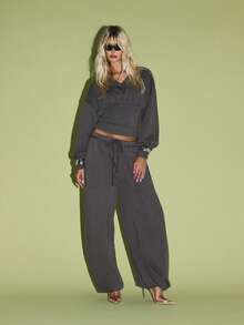 KIZN Áo nỉ bó sát cổ chữ V, cạp chun, tay dài, mặc nhà, thu đông, có dây rút, thiết kế hiện đại, thời trang, phong cách trẻ trung - Xám - Xem 4