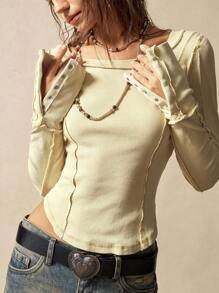 Bohemela 秋冬波西米亚风奶油黄色休闲纯色针织圆领长袖修身女式T恤 - 黃色 - 查看 2