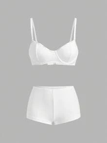 Ocili Set Bra Tanpa Kawat dan Celana Pendek Pinggang Tinggi Katun Rib Leisure Comfort untuk Wanita - Putih - View 8