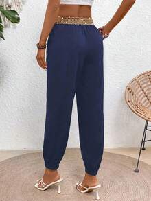 EMERY ROSE Women's Metal Decor Waistband High Waist Slim Pants Fall Cloth For Women - Navy Blue - View 2